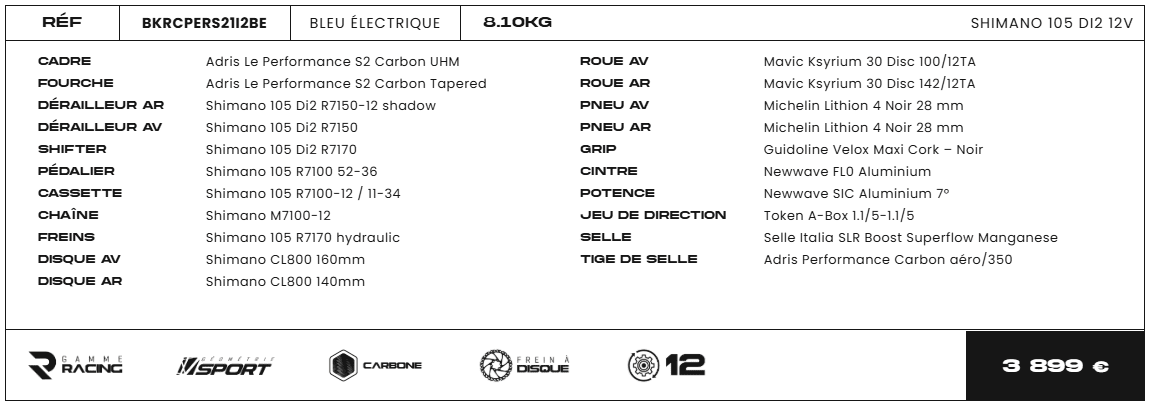 Vélo ADRIS LE PERFORMANCE S2 Carbone Shimano 105 Di2 12V Bleu électrique (Made In France) – Image 3